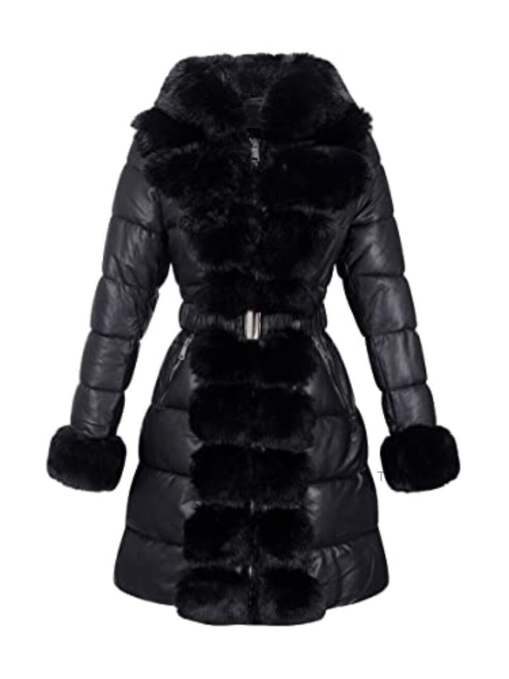 Quilted Puffer Jacket with Faux Fur Trim Hood, Polyurethane, Long Sleeve, Thigh